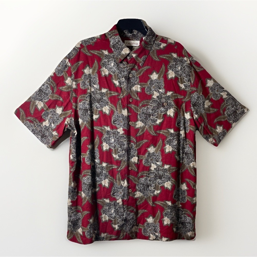 Caribbean Hawaiian Shirt Men L Red Floral Rayon Short Sleeve Tropical Vintage